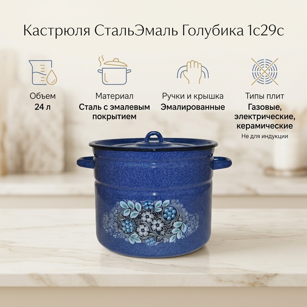 Кастрюля 24 л, СтальЭмаль Голубика 1с29с эмаль
