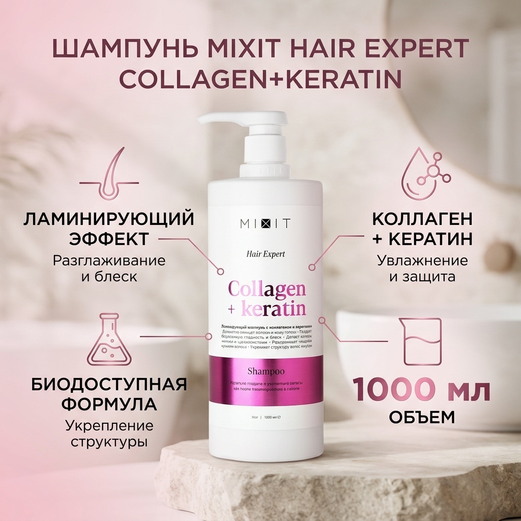 MIXIT MIXIT HAIR EXPERT COLLAGEN+KERATIN шампунь 1000 мл