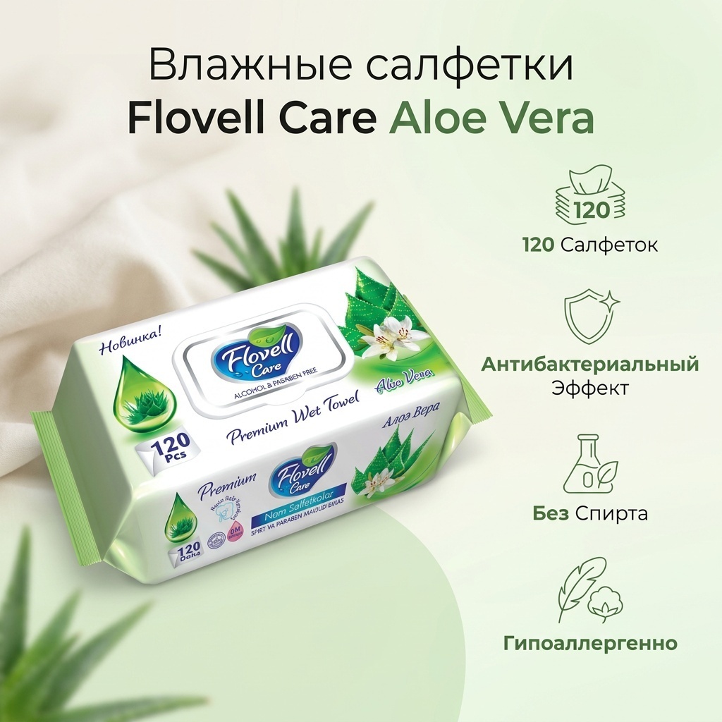 Влажные салфетки Flovell Care Aloe Vera 120 шт