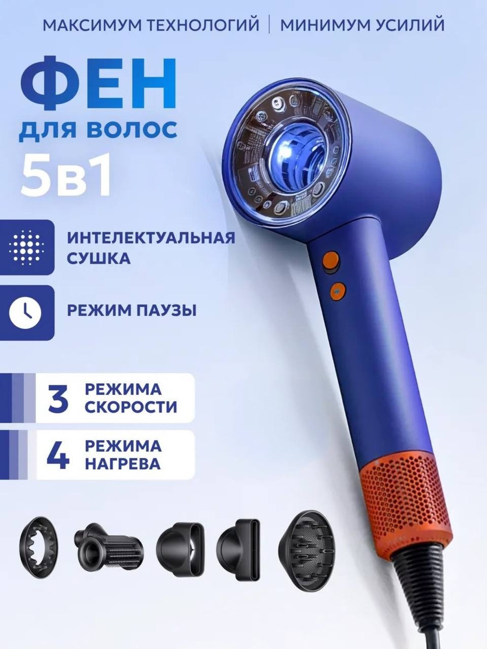 Фен для волос профессиональный с насадками 5в1 фен синий