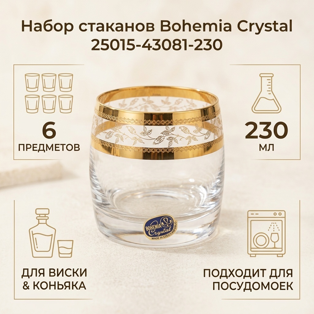 Набор стаканов Crystalite Bohemia 230 мл, стекло, 6 шт