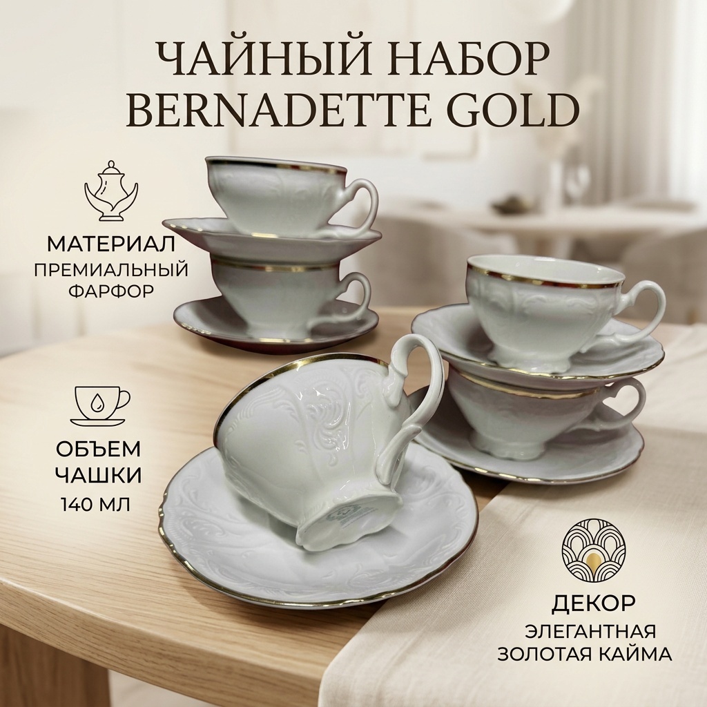 Чайная пара Bernadette Выбитый рисунок на фарфоре, 140 мл, фарфор, 6 шт.
