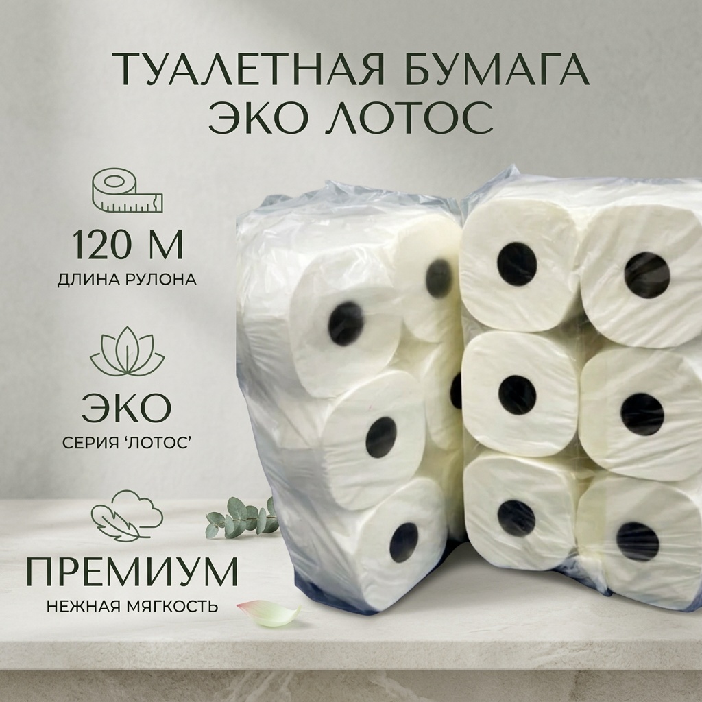 Лотос Эко туалетная бумага 2-слойный 12 шт, первичная целлюлоза