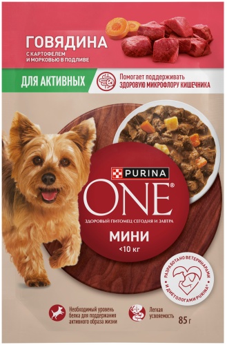 Purina One Мини для активных говядина с картофелем и морковью в подливе мелкие породы 85 г 1 шт