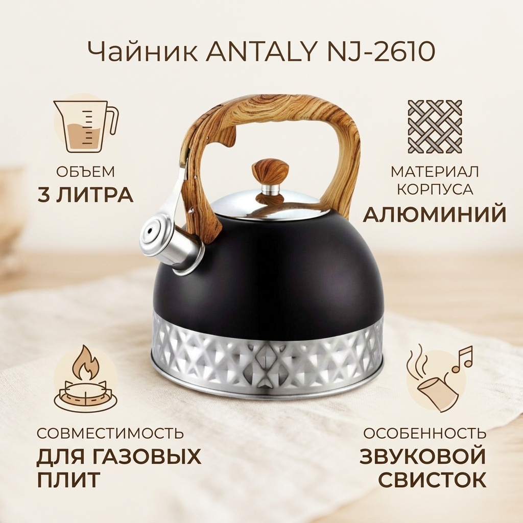 ANTALY чайник NJ-2610 3 л, алюминий, дерево