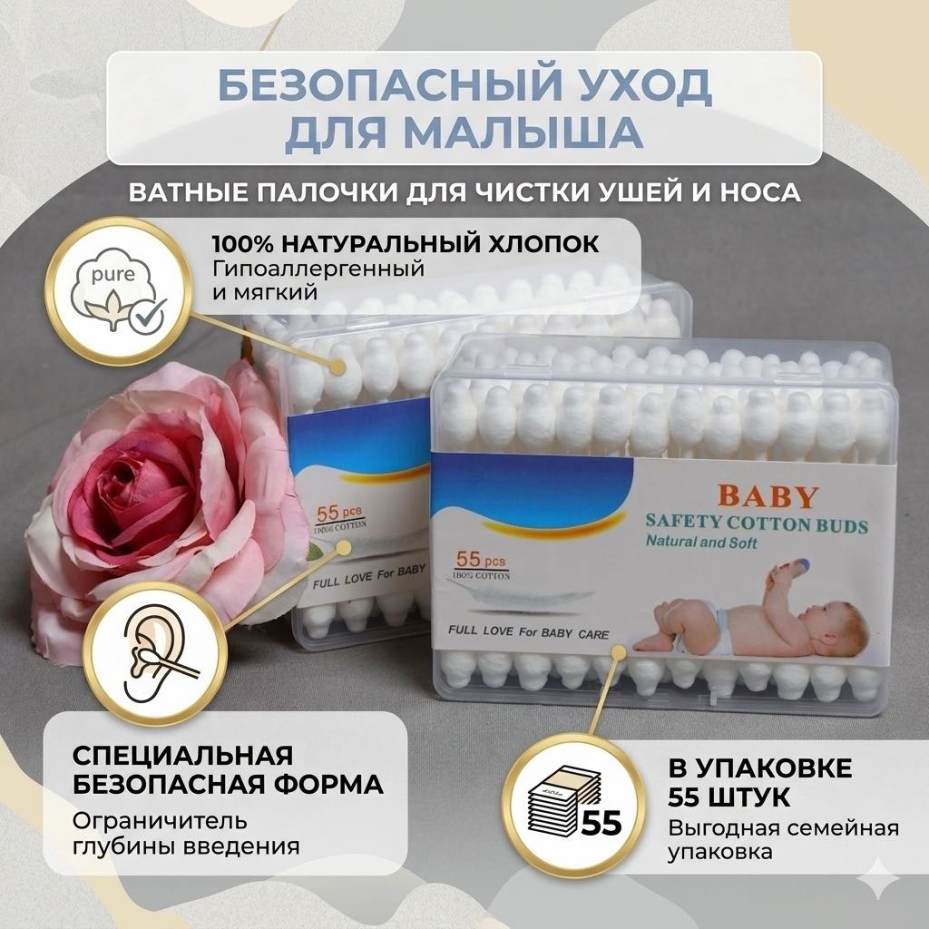 Ватные палочки Baby care 55 шт