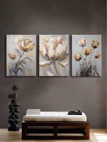 Araystudio.kz модульная картина триптих с тюльпанами «Тюльпаны в золоте» 150x70 см