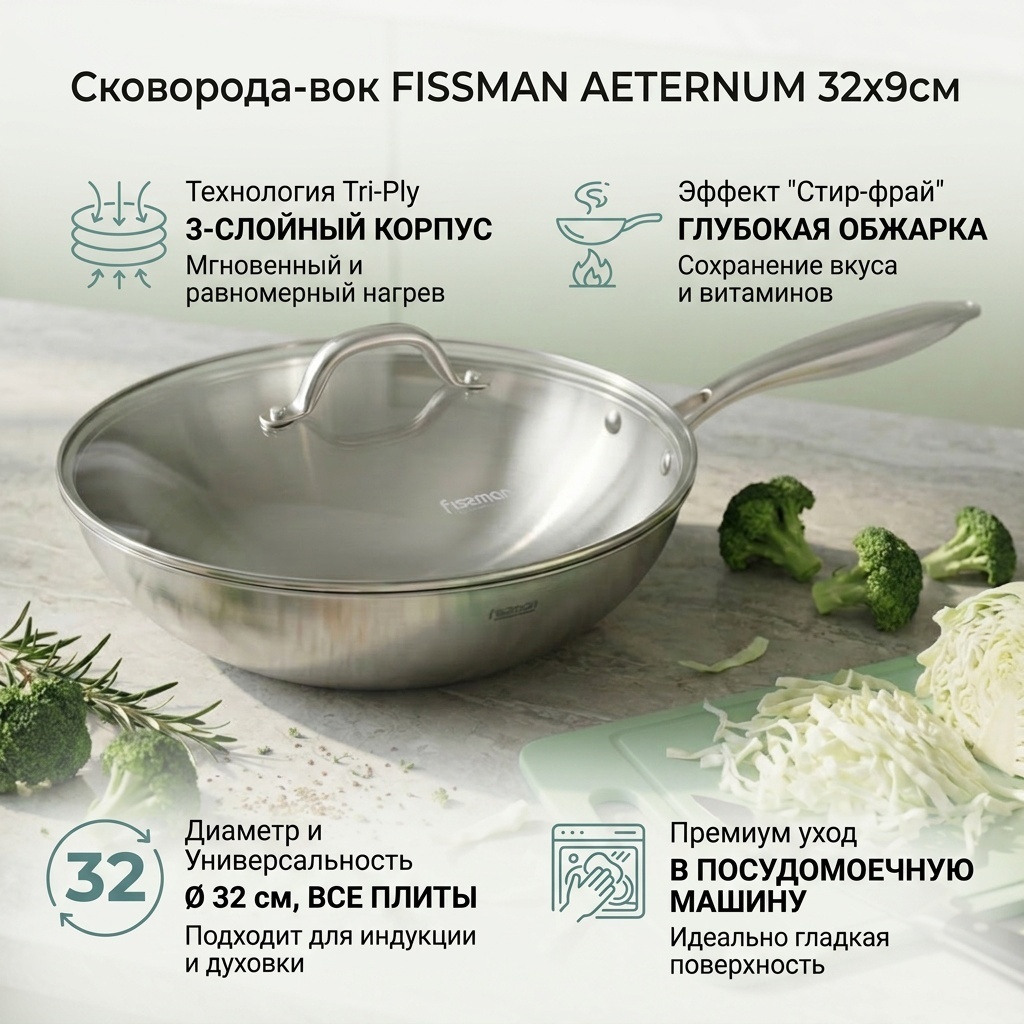 Вок Fissman Вок AETERNUM 32x9см 32 см , нержавеющая сталь