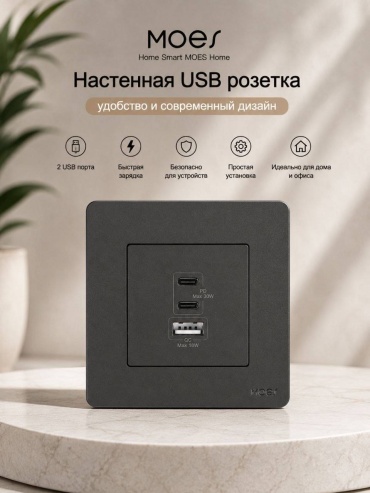 Розетка USB Moes PD-SR-EU-2C1A-30, серый, графит