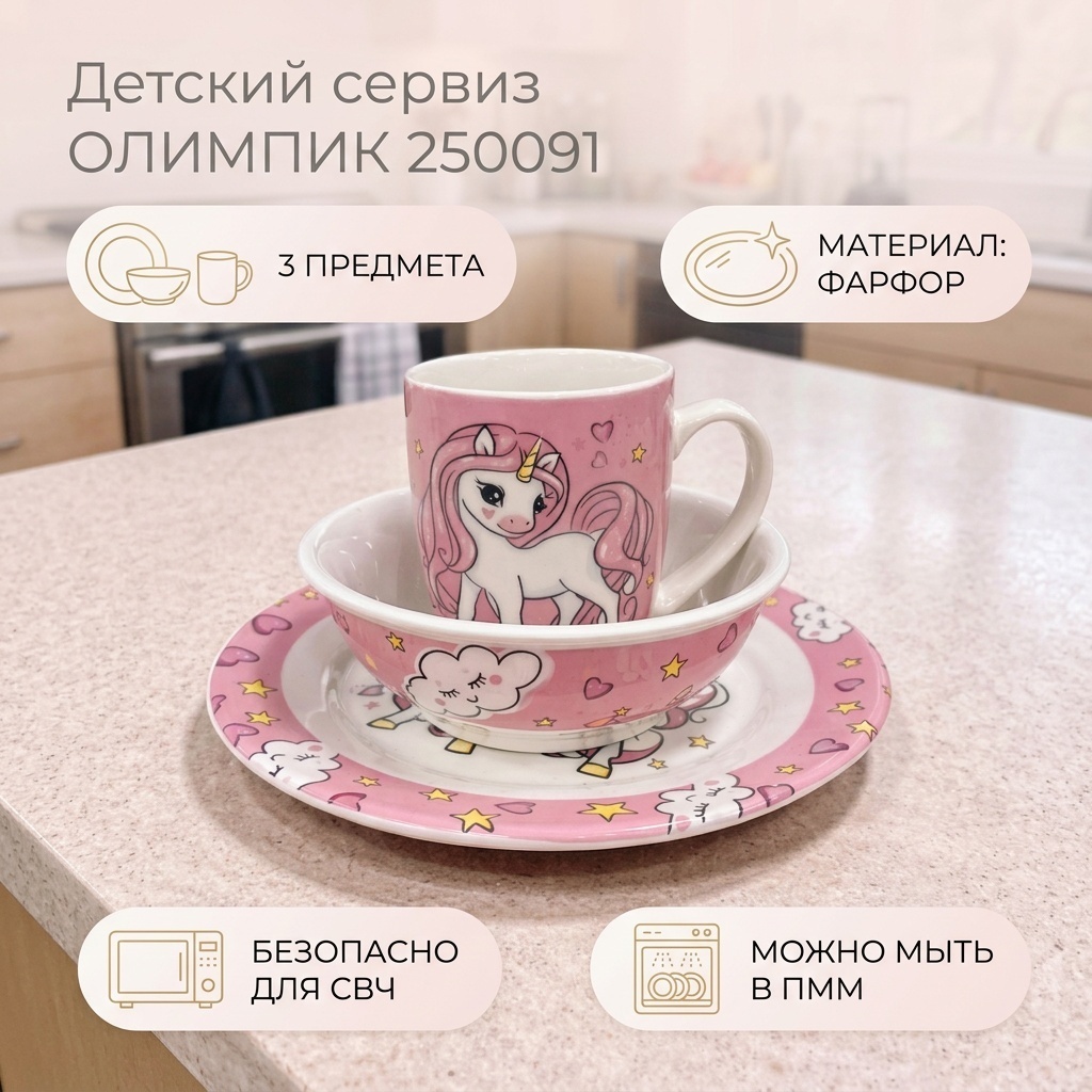 Сервиз на 1 персону ОЛИМПИК 250091, предметов: 3, детский, фарфор