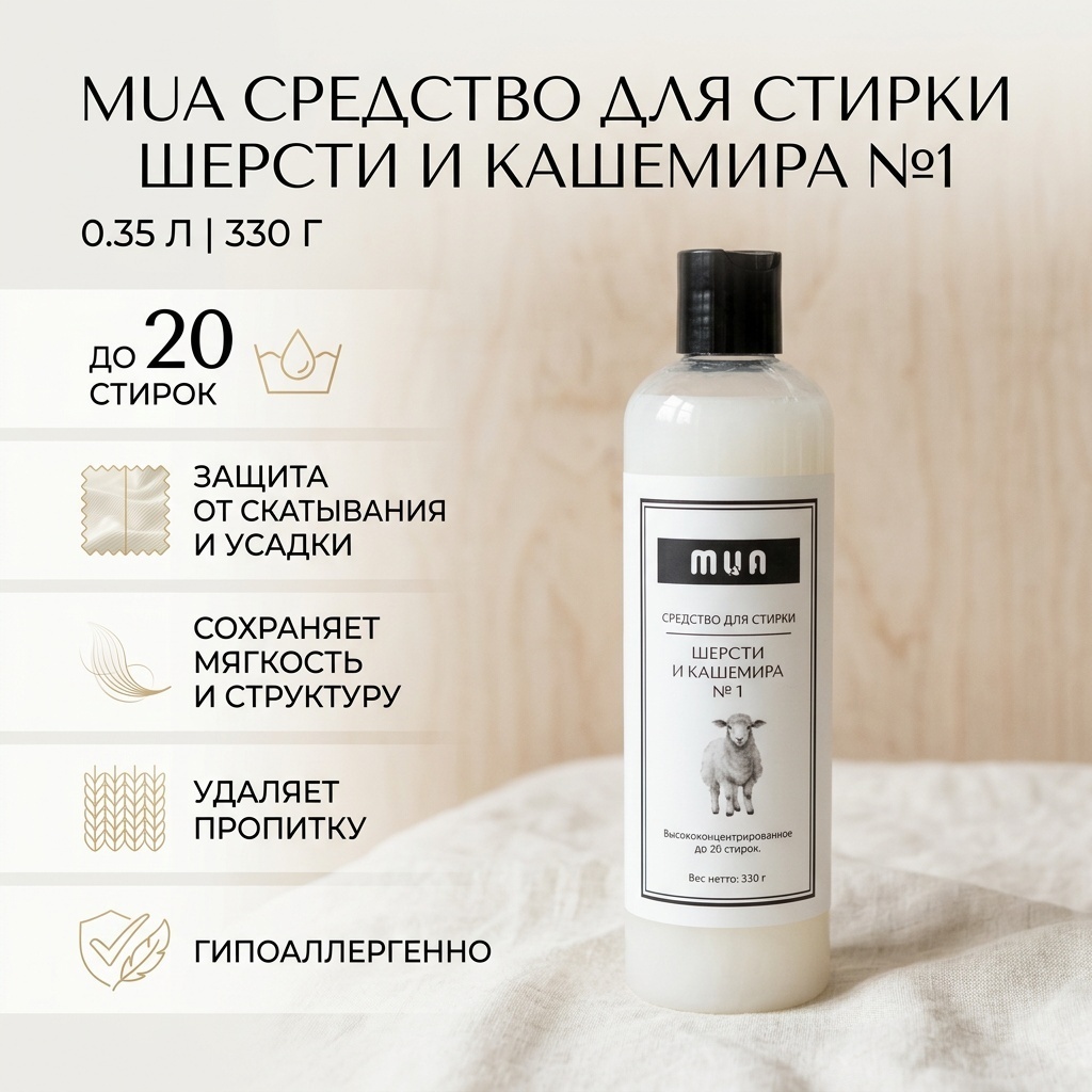 Жидкость MUA Для стирки шерсти и кашемира Nº 1 для шерсти и шелка, 0.35 л