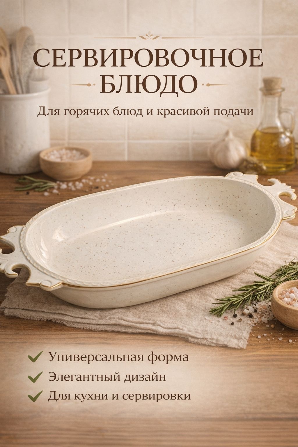 Блюдо Сервировочное блюдо для горячего керамическое с ручками 54х26 см, керамика, жаропрочное стекло, 1 шт