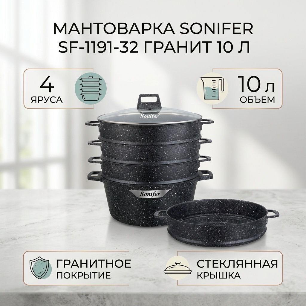Мантоварка 10 л, Sonifer нержавеющая сталь, количество ярусов: 4