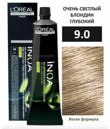 Loreal Professionnel Paris Краситель стойкий без аммиака INOA, очень светлый блондин глубокий 9,0 масляный краситель 60 мл