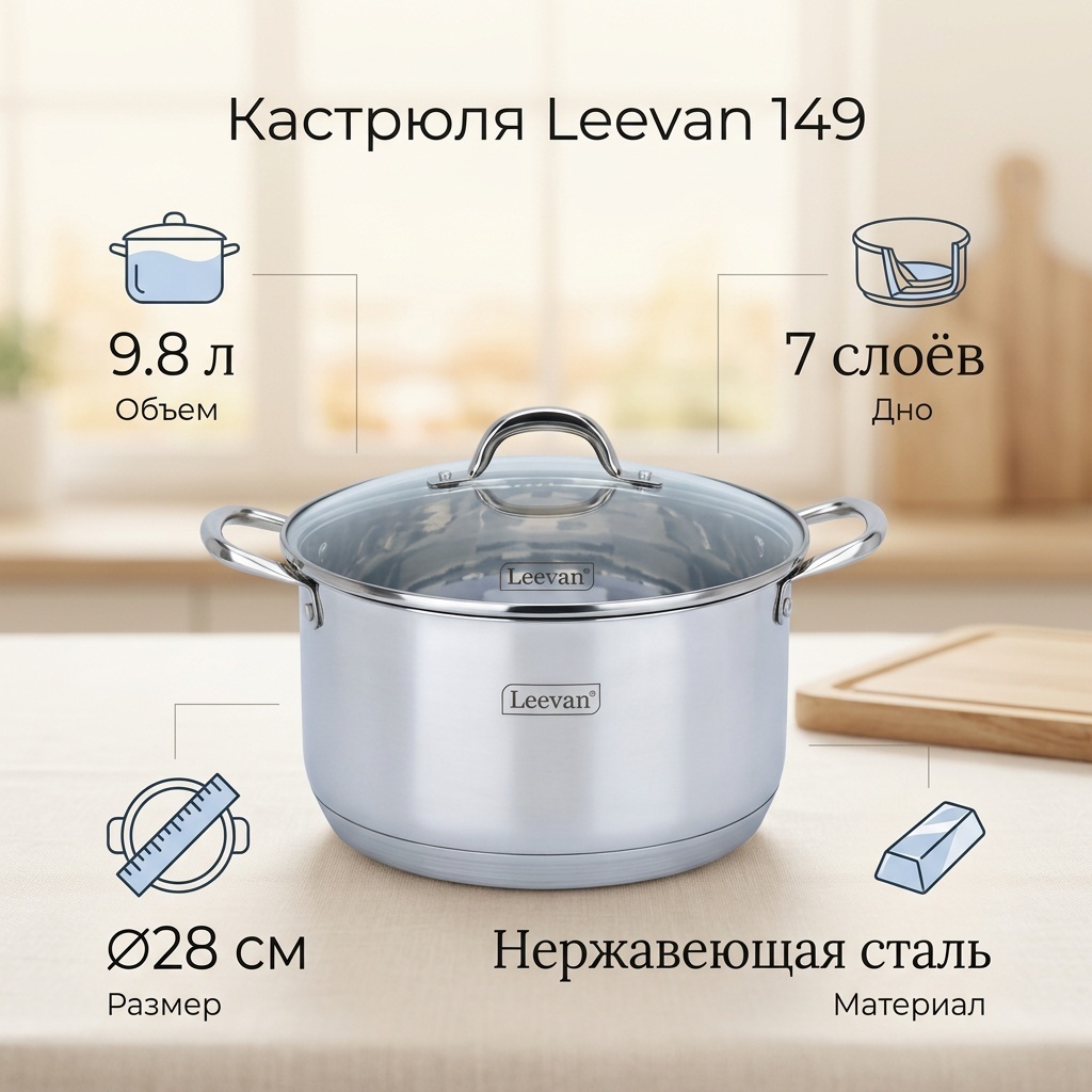 Кастрюля 9.8 л, Leevan 149 нержавеющая сталь