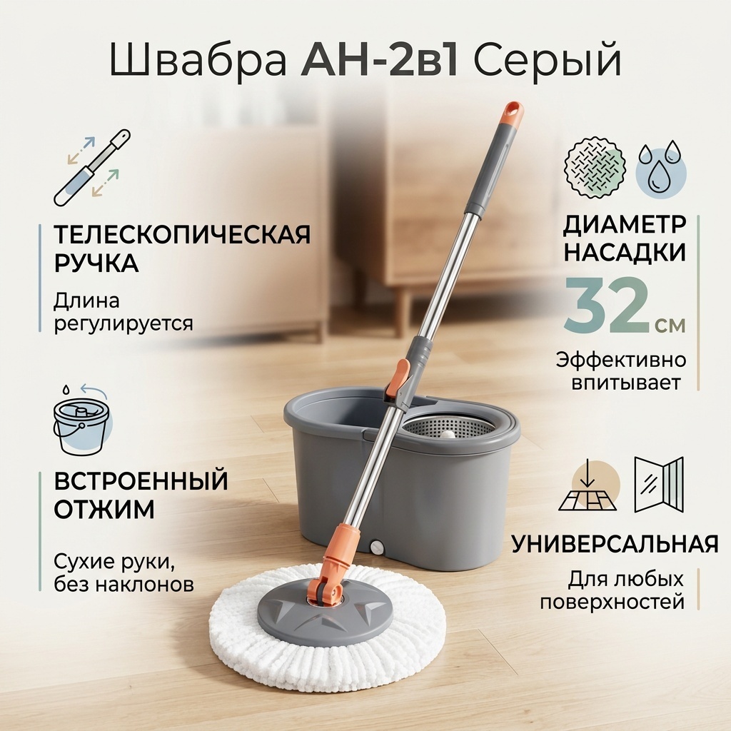 Швабра универсальная, для пола, для стен , материал насадки: микрофибра, серый