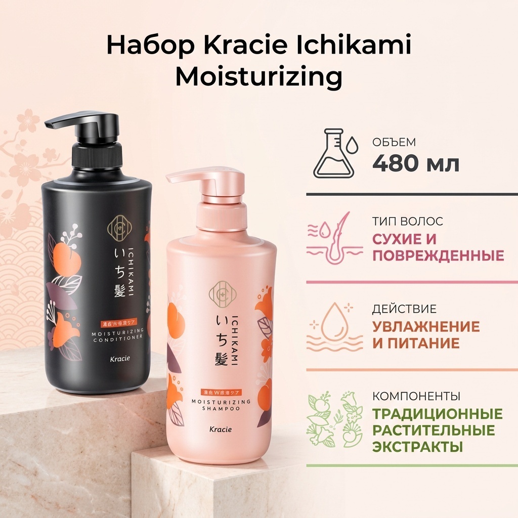 Kracie Ichikami Moisturizing Для сухих и повреждённых волос шампунь-кондиционер 480 мл