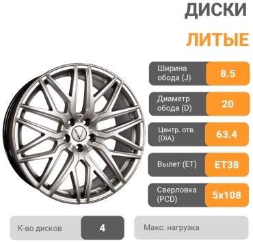 Вектор 226 8.5x20/5x108 D63.35 ET38 4 диска серебристый