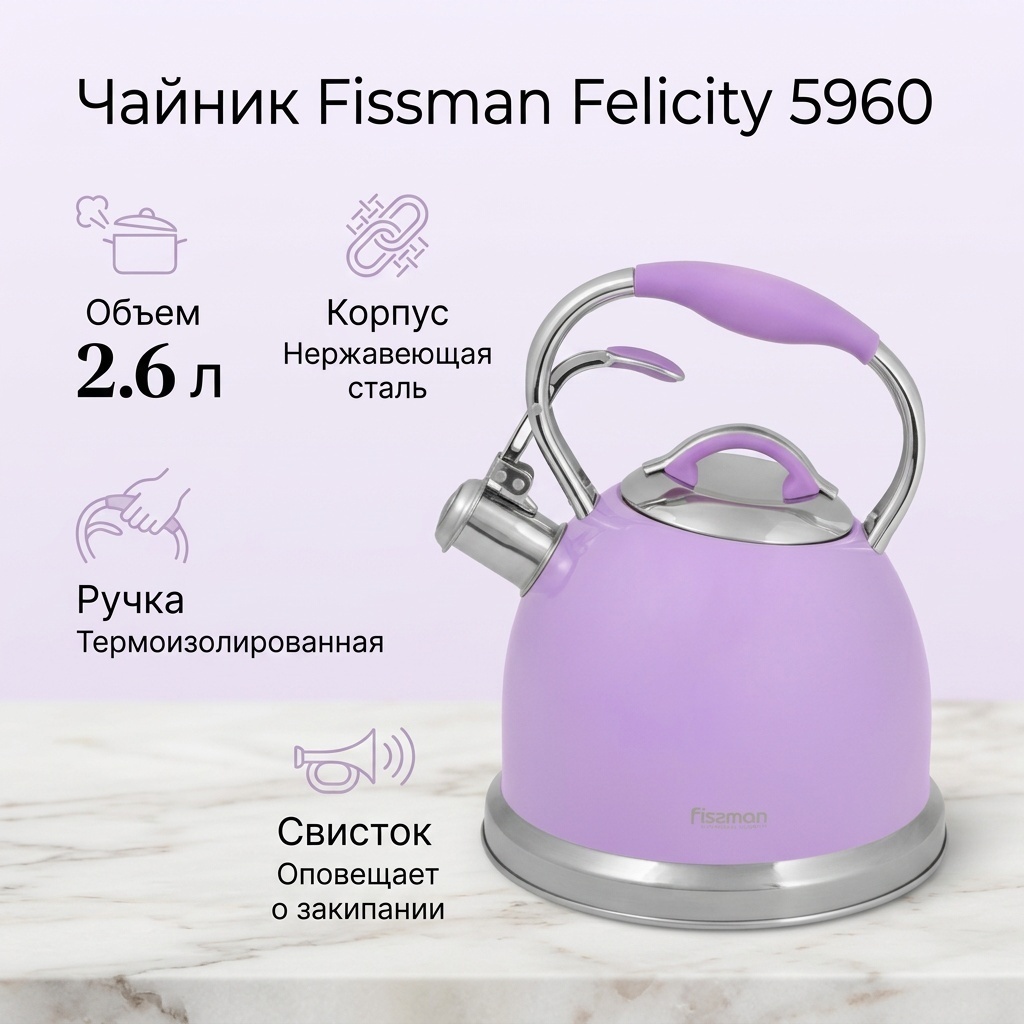 Fissman чайник Felicity Violet 5960 2.6 л, нержавеющая сталь
