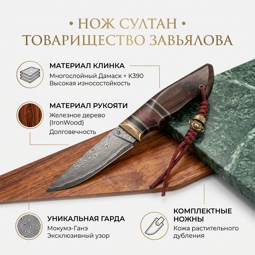 Нож разделочный Товарищество Завьялова, лезвие: дамасская сталь 1 шт