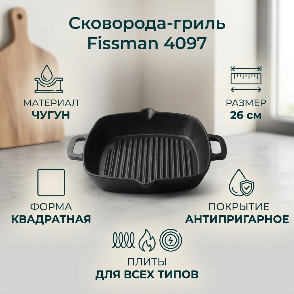 Сковорода гриль Fissman 26 см с антипригарным покрытием, чугун