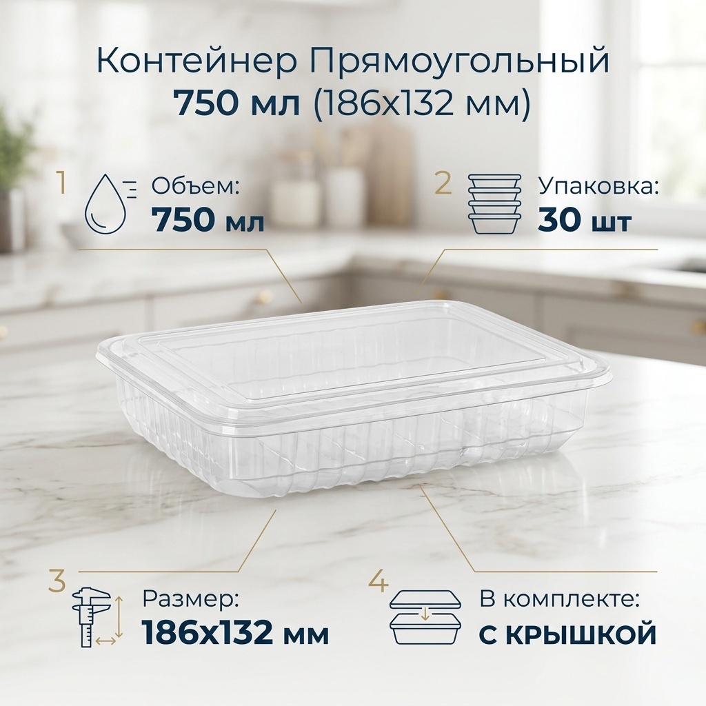 Контейнер 750 мл. прозрачный прямоугольный плоский 186x132 мм с крышкой (30 шт)