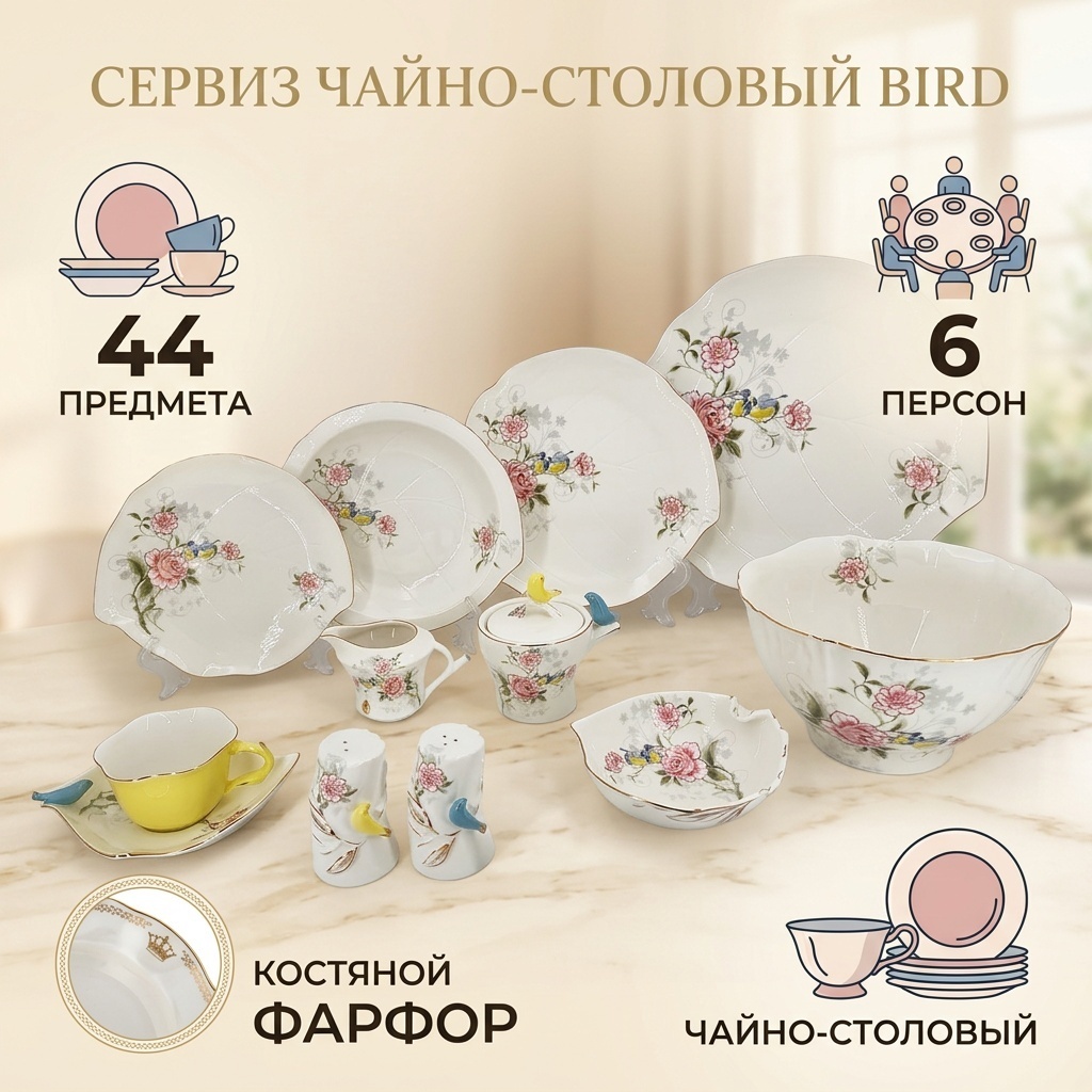 Сервиз на 6 персон Посуда в дом , предметов: 44, чайно-столовый, фарфор, костяной фарфор