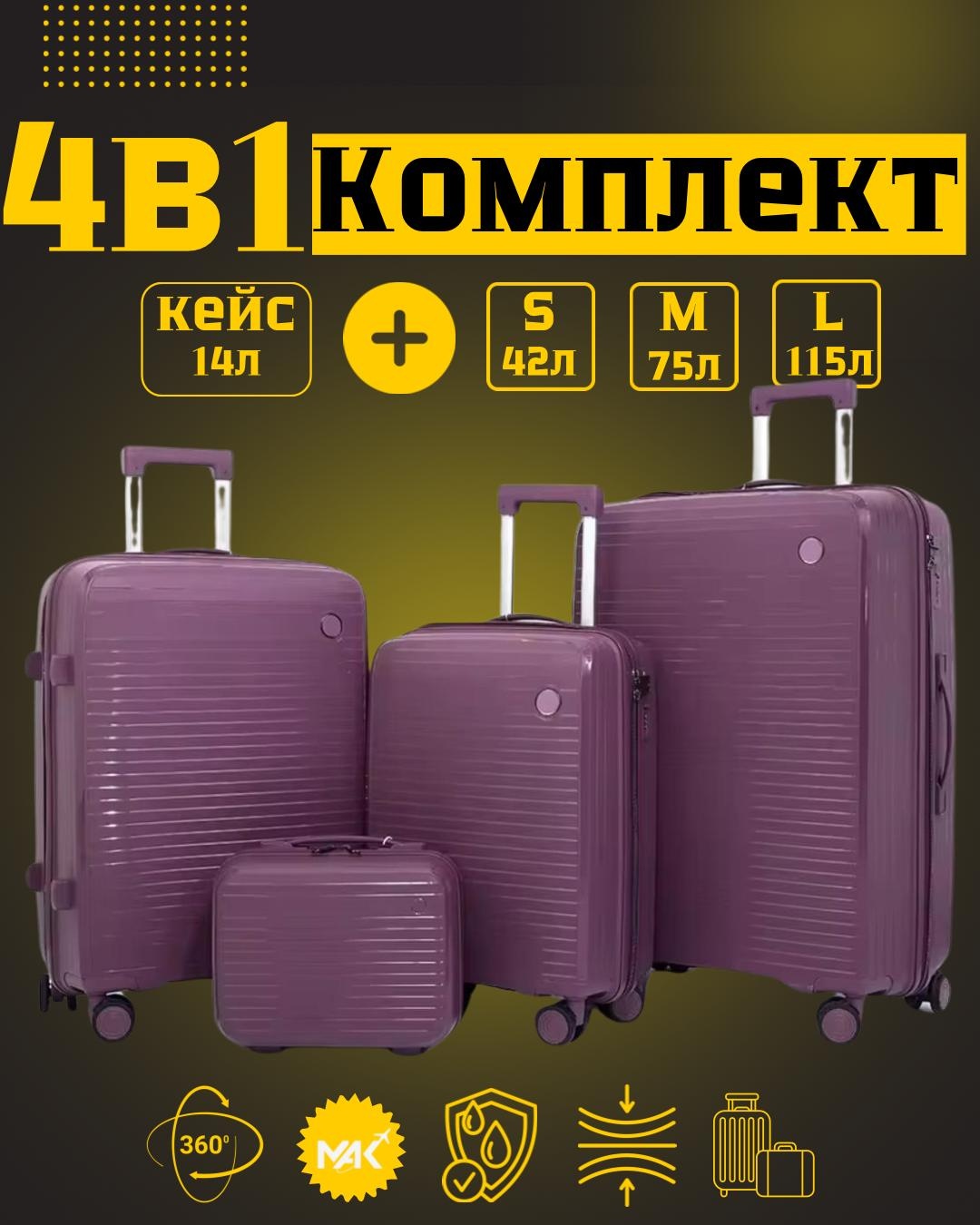 Комплект чемоданов MAK-GL004/IT полипропилен 205 л фиолетовый