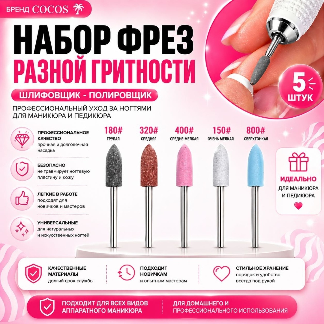 Насадка COCOS nail набор фреза полировщик насечка синяя, белая, серая, коричневая, розовая 5 шт