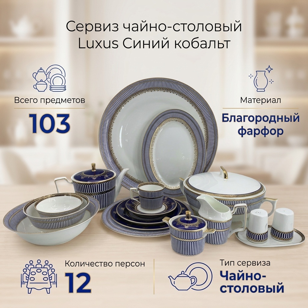 Сервиз на 12 персон Luxus Синий кобальт, предметов: 103, чайно-столовый, фарфор