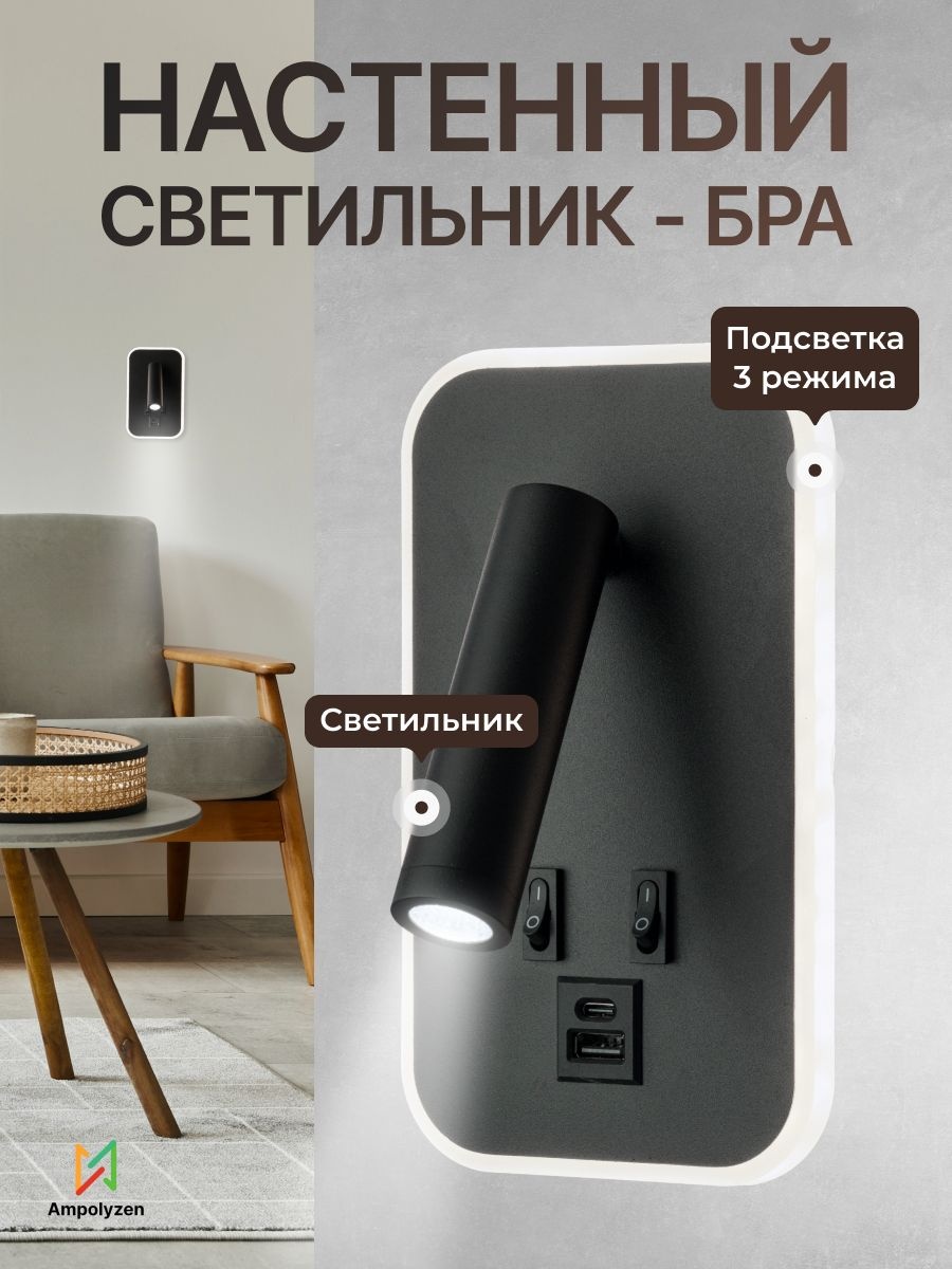 Бра настенный LED, черный