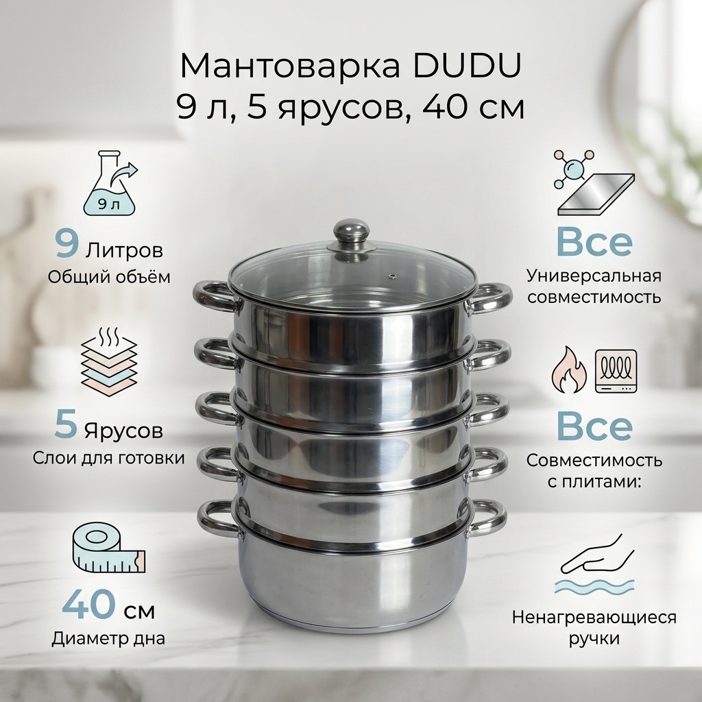Мантоварка 9 л, DUDU нержавеющая сталь, количество ярусов: 5
