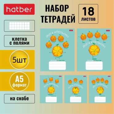 Набор общих тетрадей Hatber Йога апельсин, 18 л, А5, клетка, мягкая обложка, 5 шт