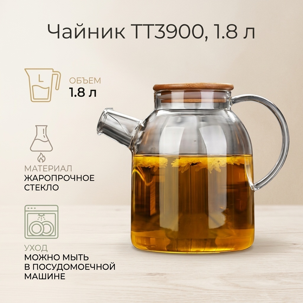 TEA POT чайник TT3900 1.8 л, жаропрочное стекло