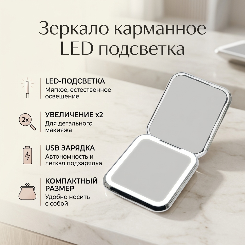Зеркало карманное LED подсветка 7.6х8.8 см