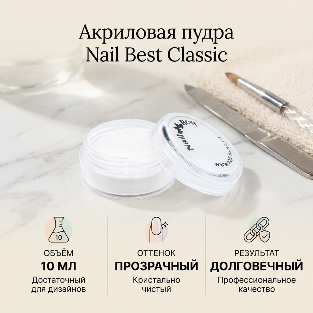 Nail Best акриловая пудра Classic прозрачный 10 мл