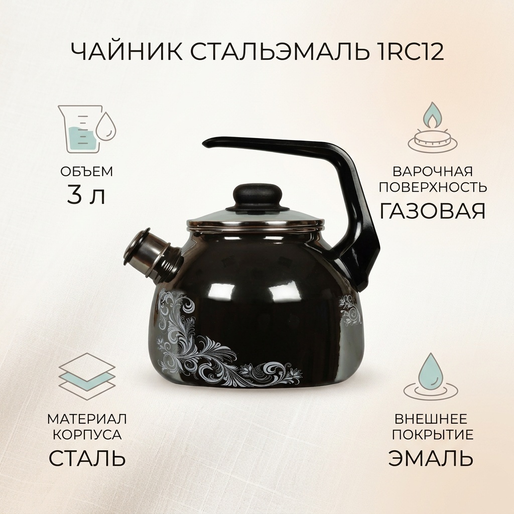 СтальЭмаль чайник 1RC12 3 л, сталь