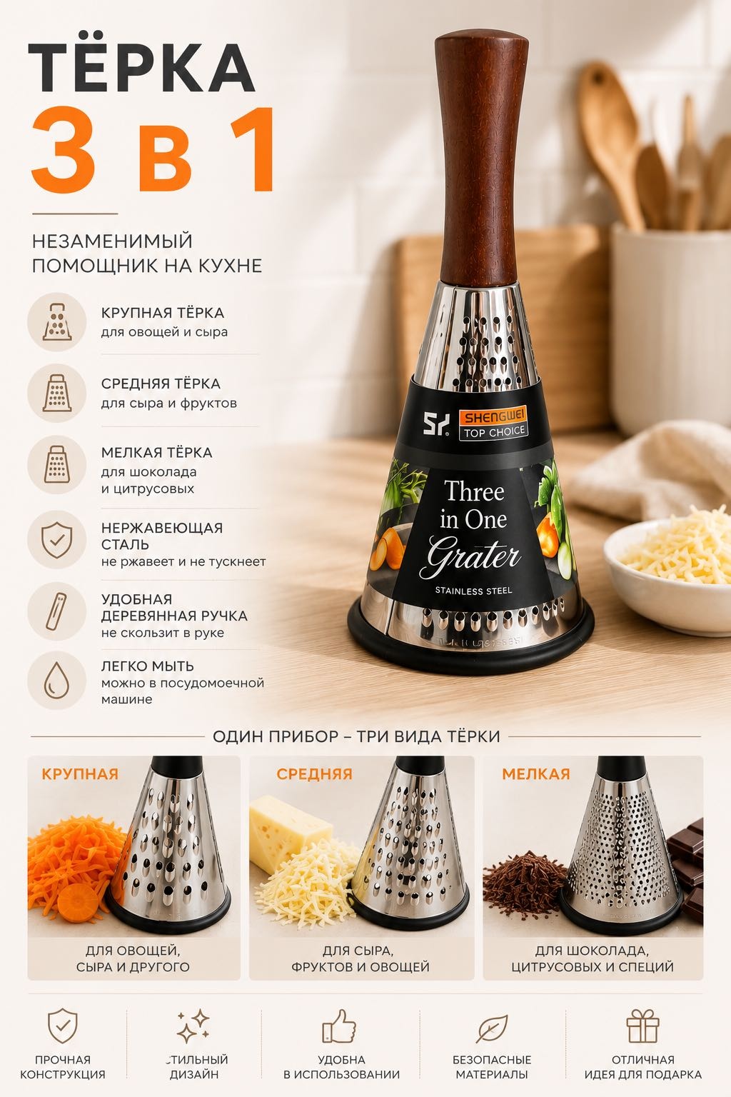 Shengya терка 21-682400, нерж.сталь, дерево