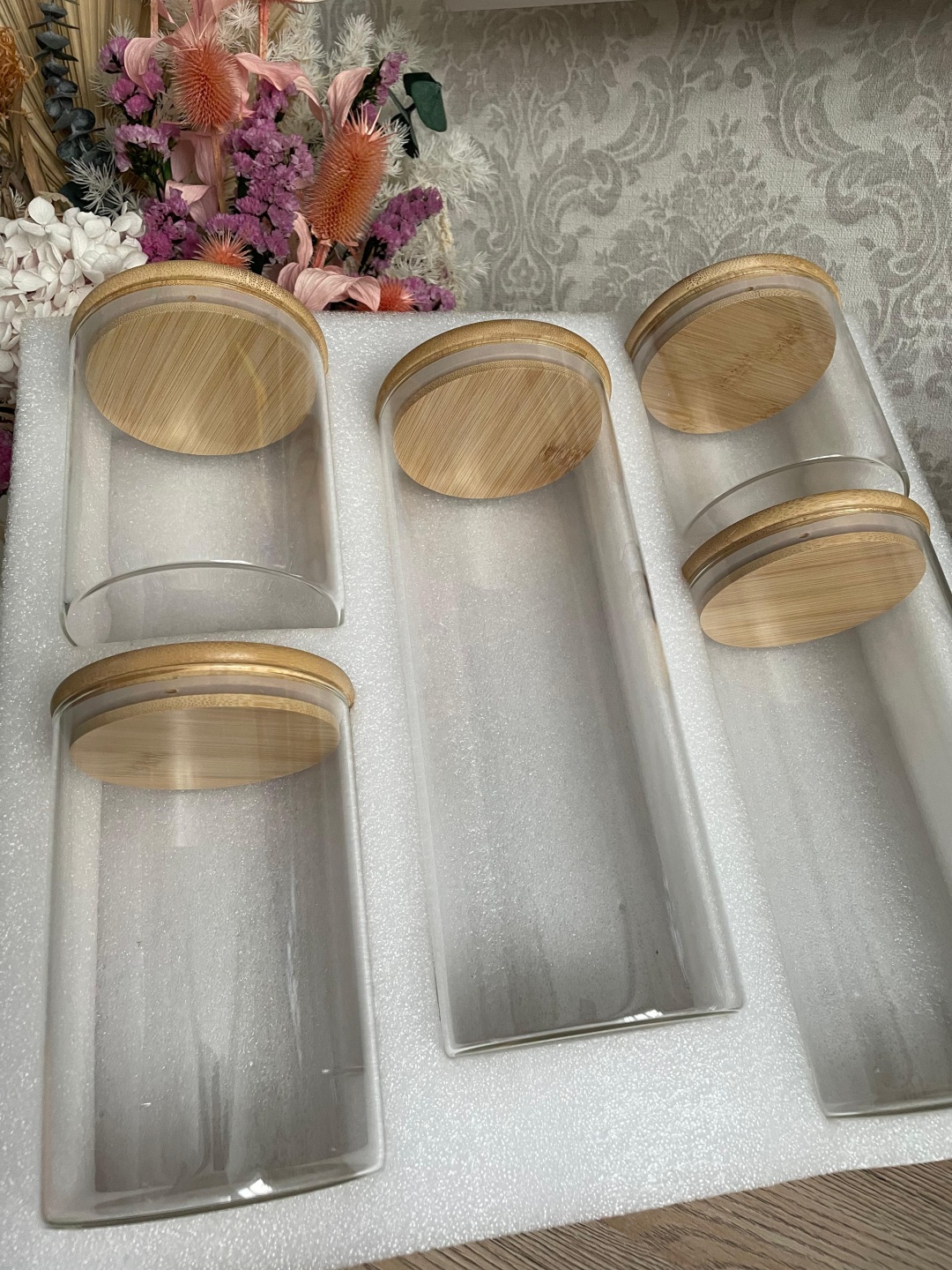 Банка Набор из 5-и банок с бамбуковой крышкой , стекло, бамбук