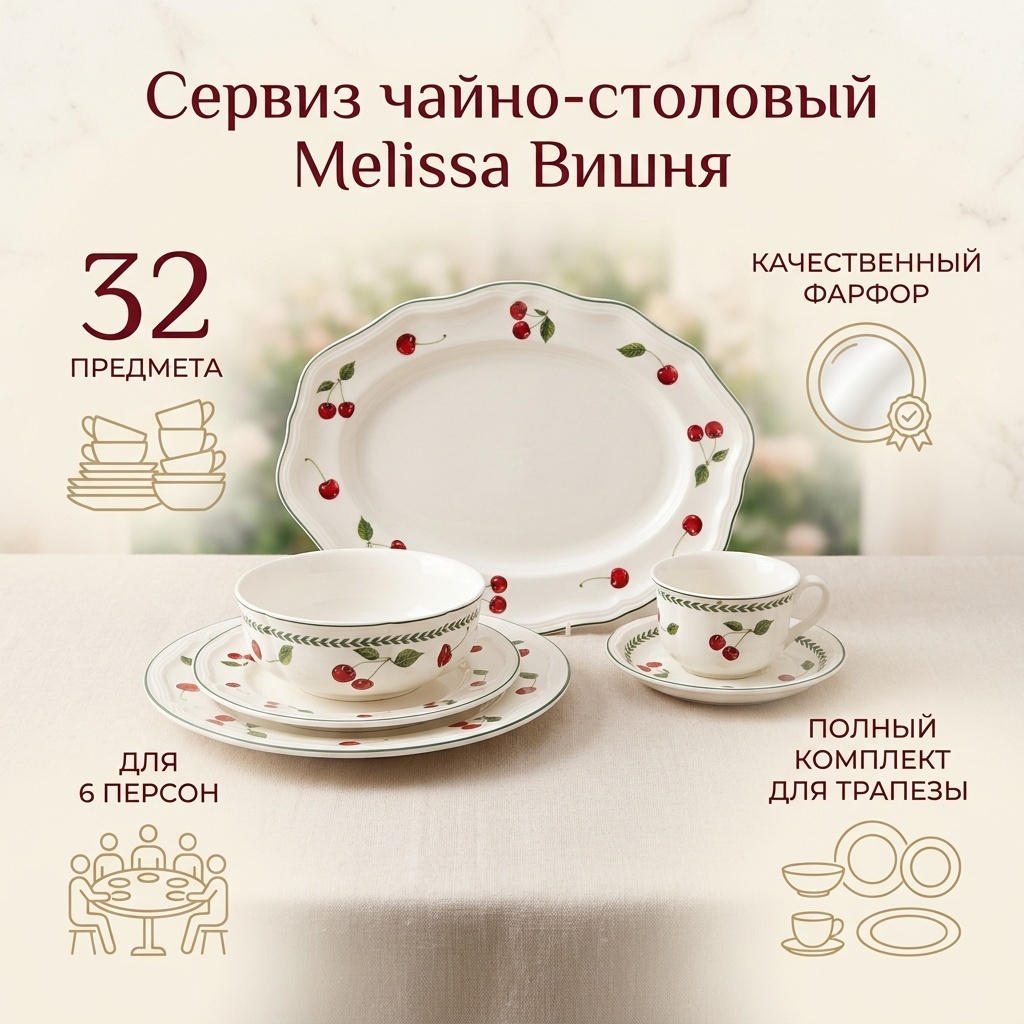 Сервиз на 6 персон Melissa , предметов: 32, чайно-столовый, фарфор