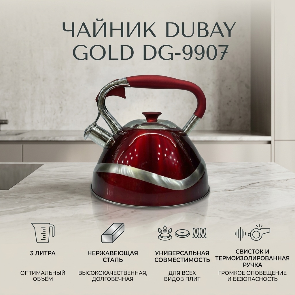 Dubay gold чайник DG-9907 крас 3 л, нержавеющая сталь