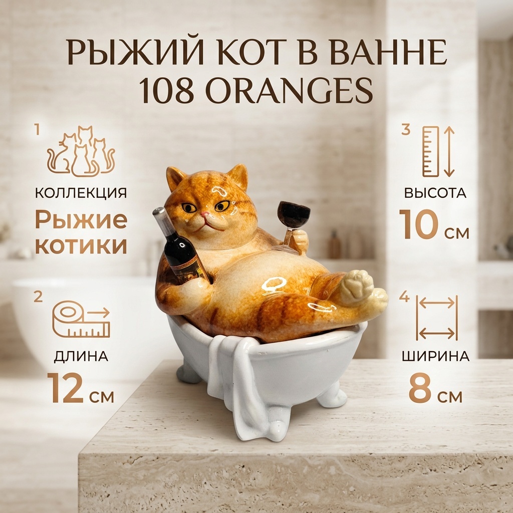 99 статуэтка Рыжий кот в ванне 10 см, керамика, полистоун