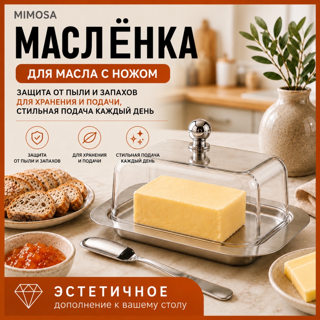 Mimosa масленка с ножом для масла с прозрачной крышкой овальная 1 шт, нержавеющая сталь, пластик