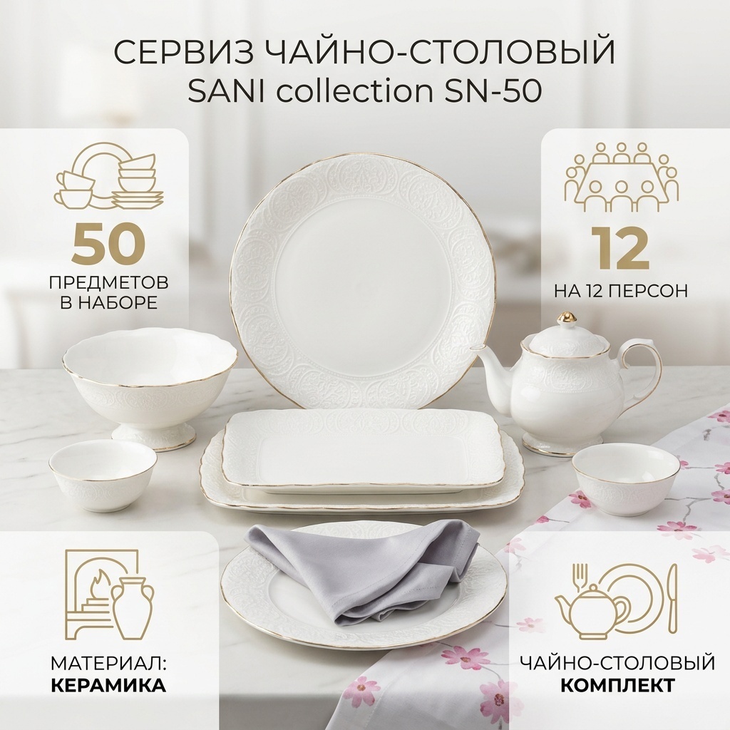 Сервиз на 12 персон SANI collection , предметов: 50, чайно-столовый, керамика