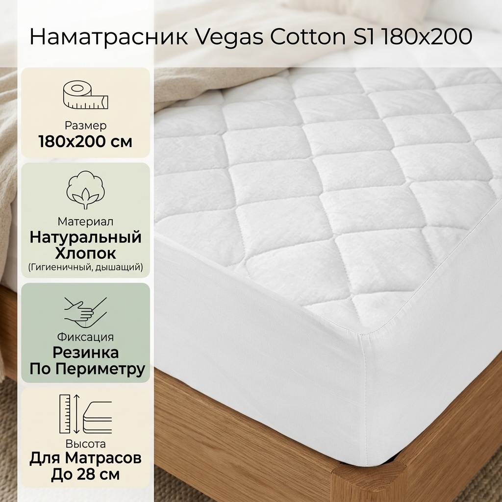 Vegas наматрасник на резинке Cotton S1 белый 180x200, хлопок