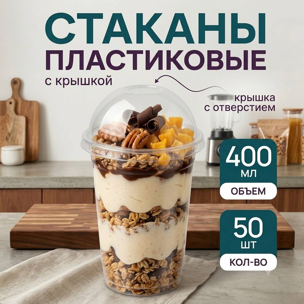 Стакан Стаканы с куполный крышкой, 400мл, 50шт прозрачный 50 шт