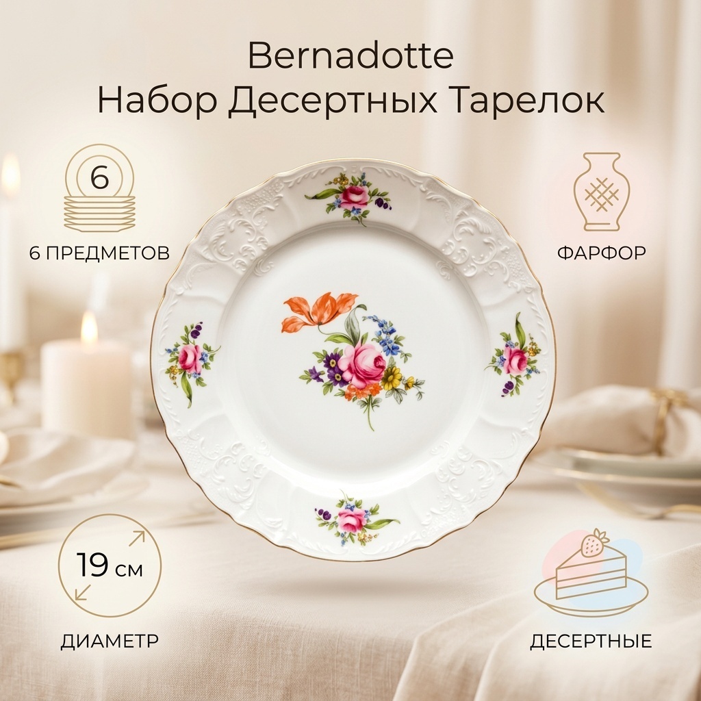 Набор тарелок Bernadotte 19 см, 6 шт, фарфор
