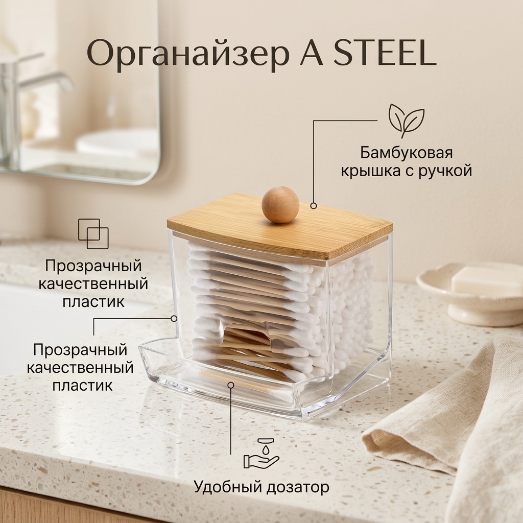 A STEEL органайзер для ватных палочек 9x7x7 см, пластик, бамбук