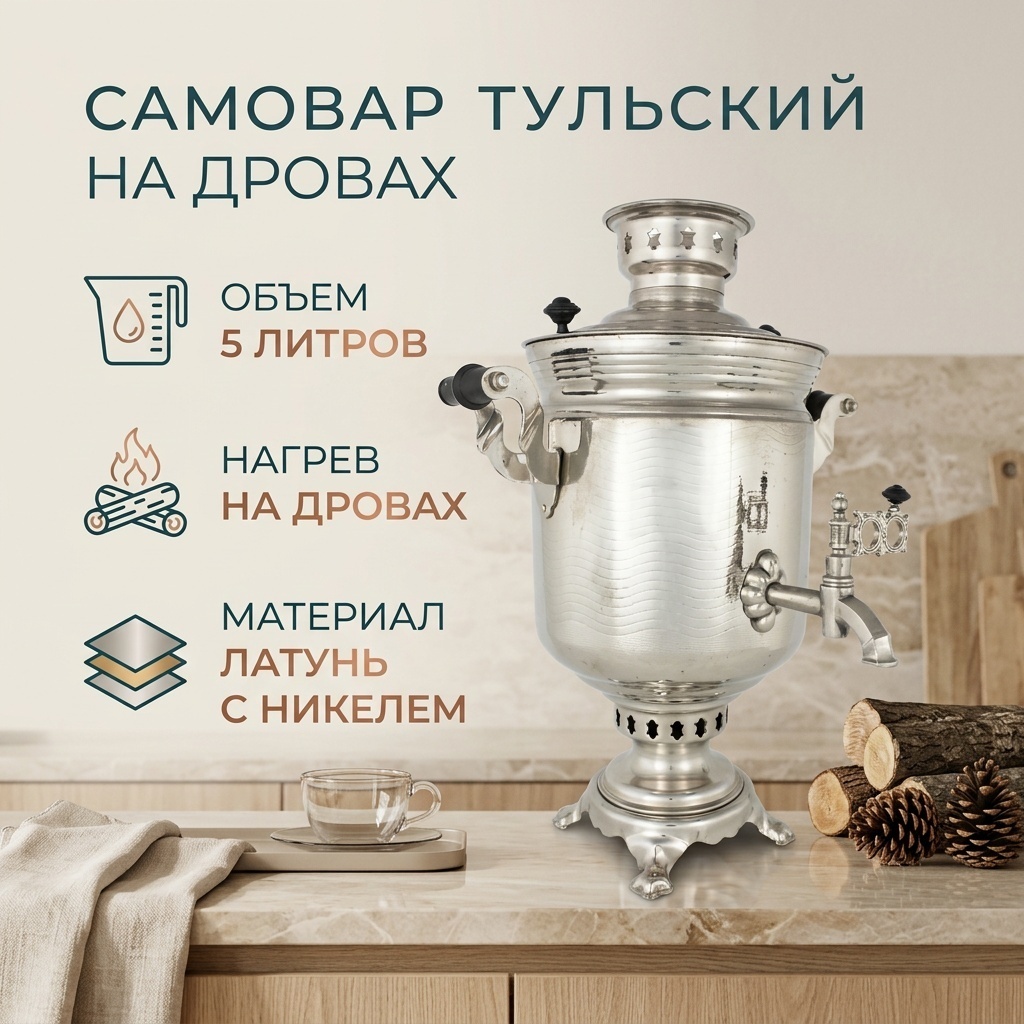 Самовар Тульский на дровах 5 л, латунь