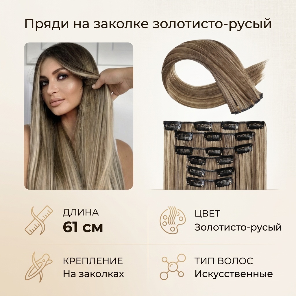 Пряди на заколке золотисто-русый женский 61 см